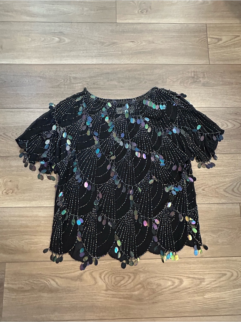 Vintage Oleg Cassini 100% Silk Beaded Sequin Black Top Y2K Glam M